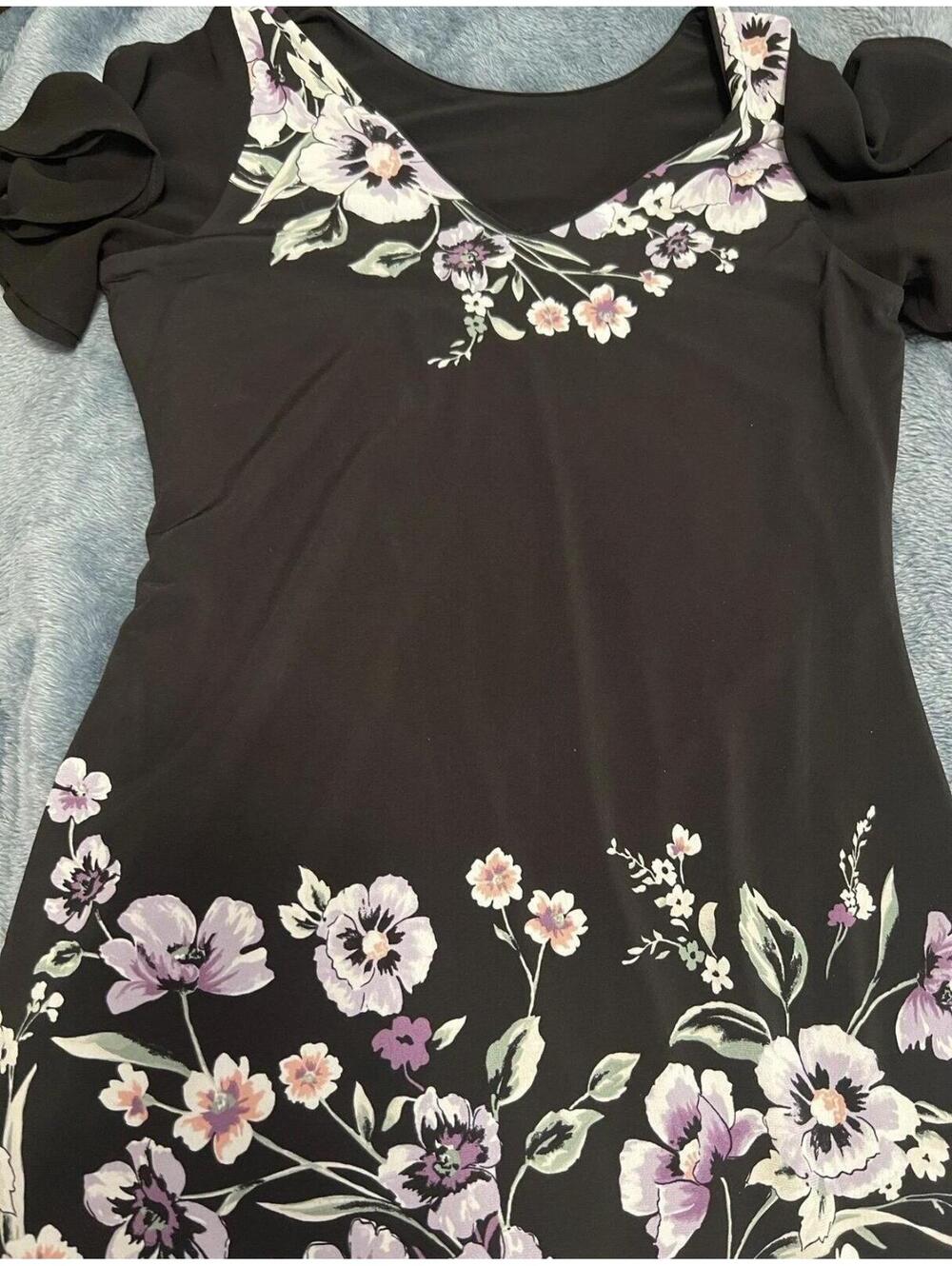 White House Black Market Black Floral Puff Sleeve Dress SP - Picture 7 of 7